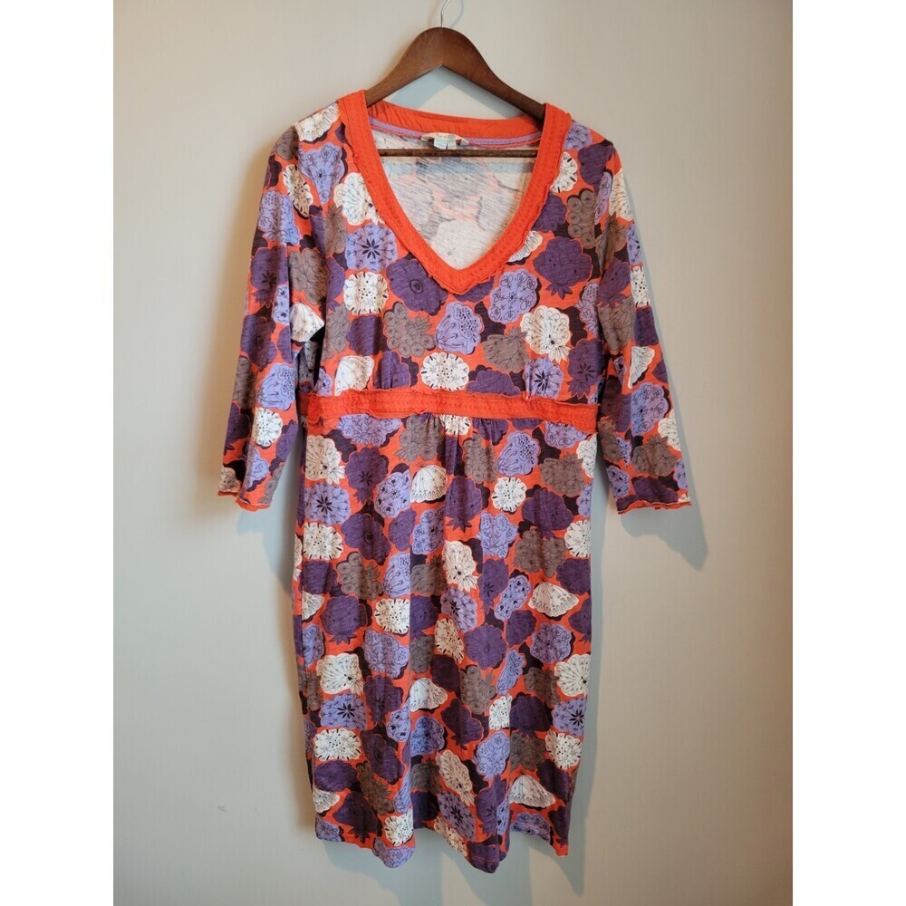 Boden Womens Dress Multicolor Orange Floral V Neck 3/4 Sleeve 100% Cotton 14